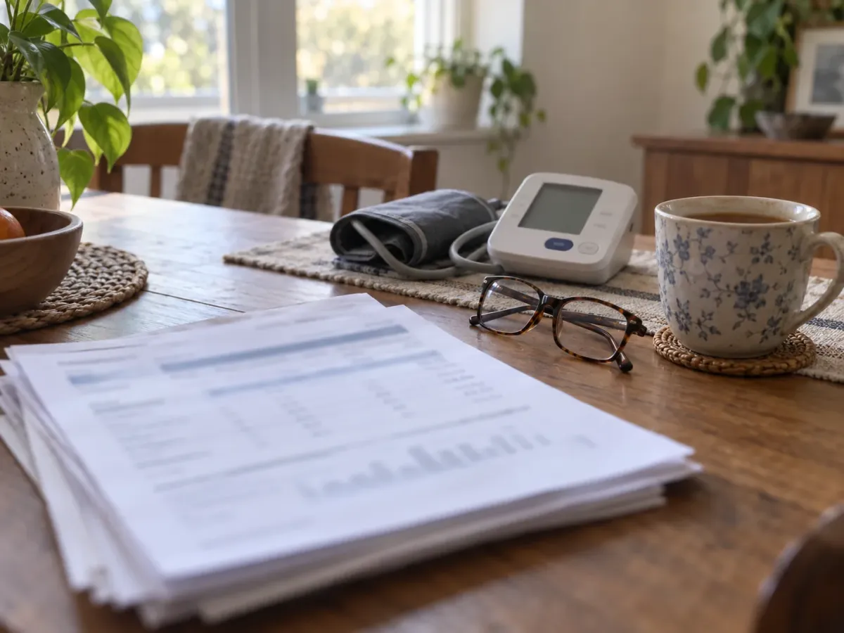 Lab reports and a blood pressure monitor on a table