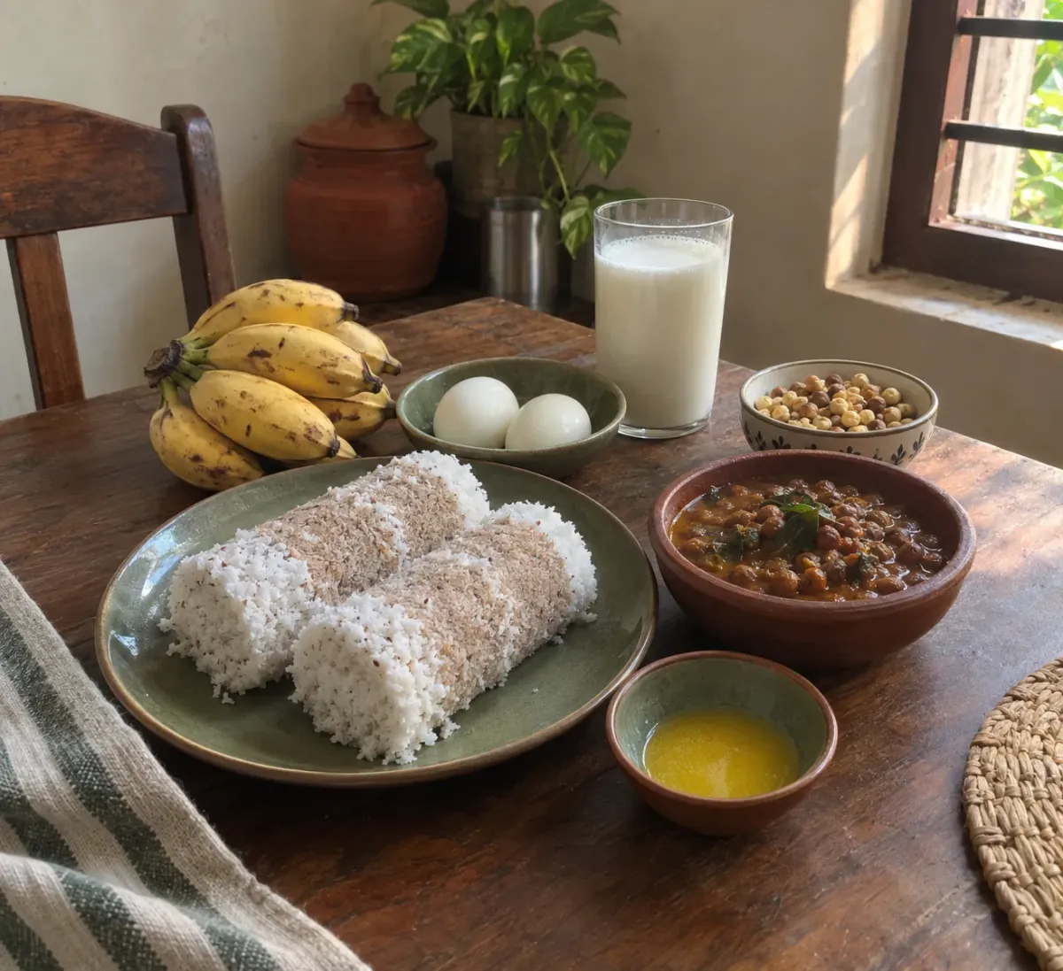 Puttu with kadala curry, bananas and milk