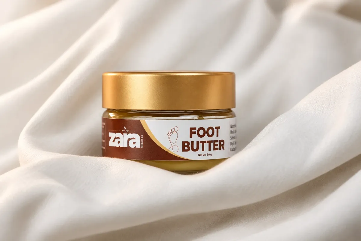 A jar of Zara Foot Butter on cream cloth