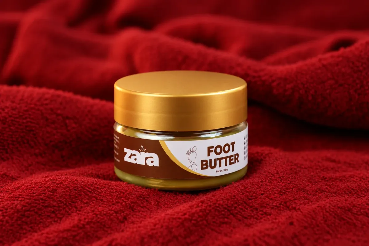 A jar of Zara Foot Butter on red cloth