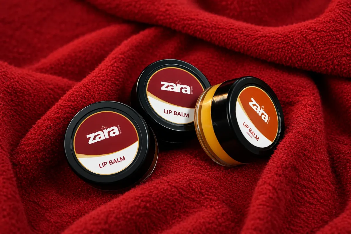 Three Zara lip balm jars on red cloth